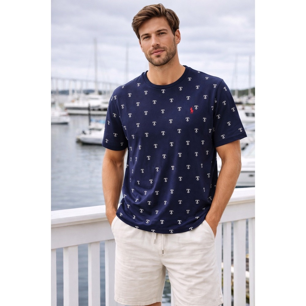 Polo Ralph Lauren Classic Fit‎ Navy Anchor Print T Shirt Mens Large Preppy